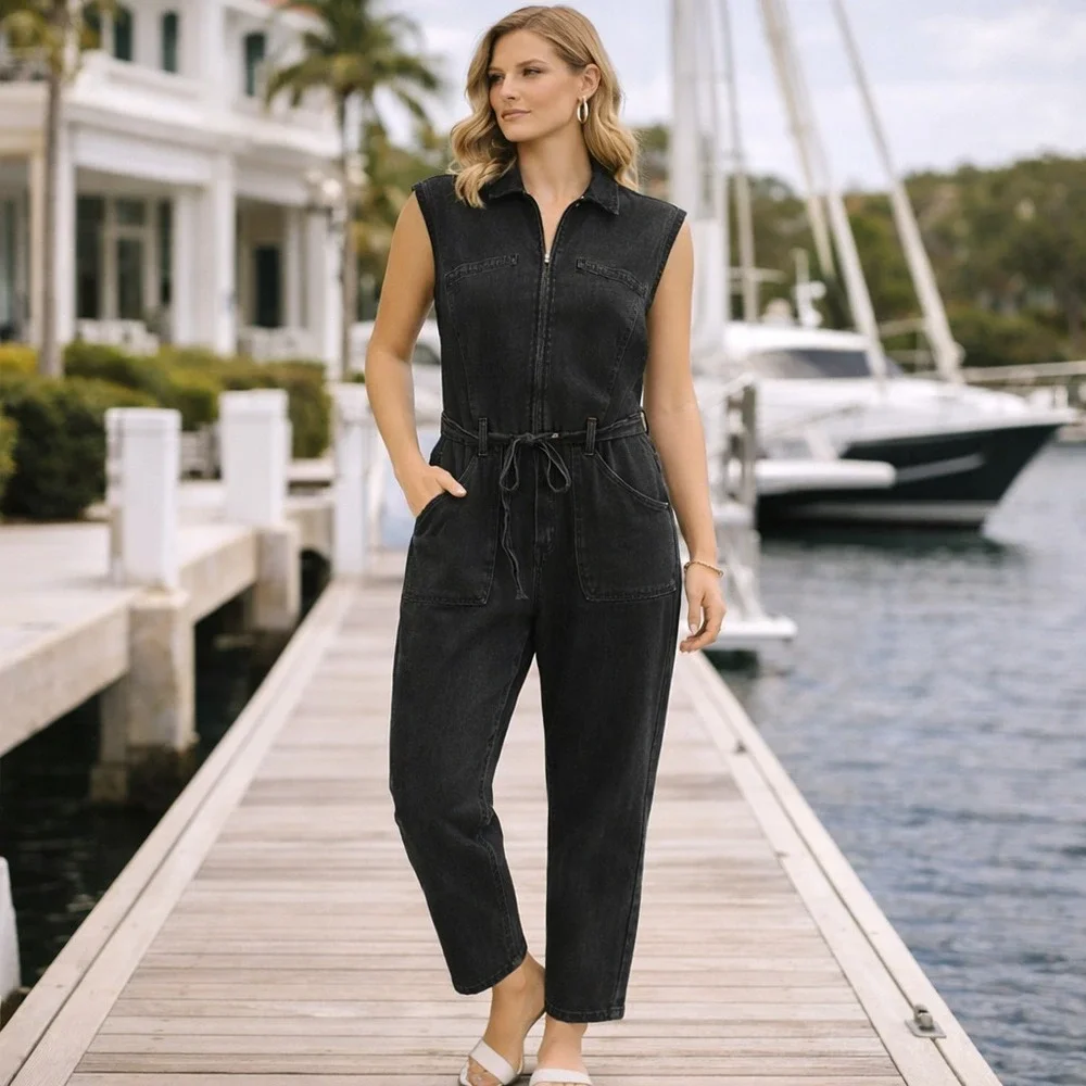 PAIGE Denim Jumpsuit Black‎ Sleeveless Zip Belted Cotton Stretch Size 8